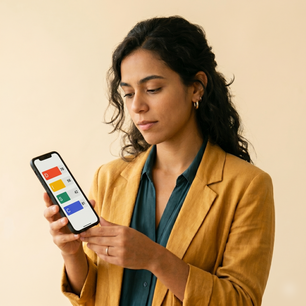 Mulher olhando resultado do teste DISC no celular com scores D, I, S e C