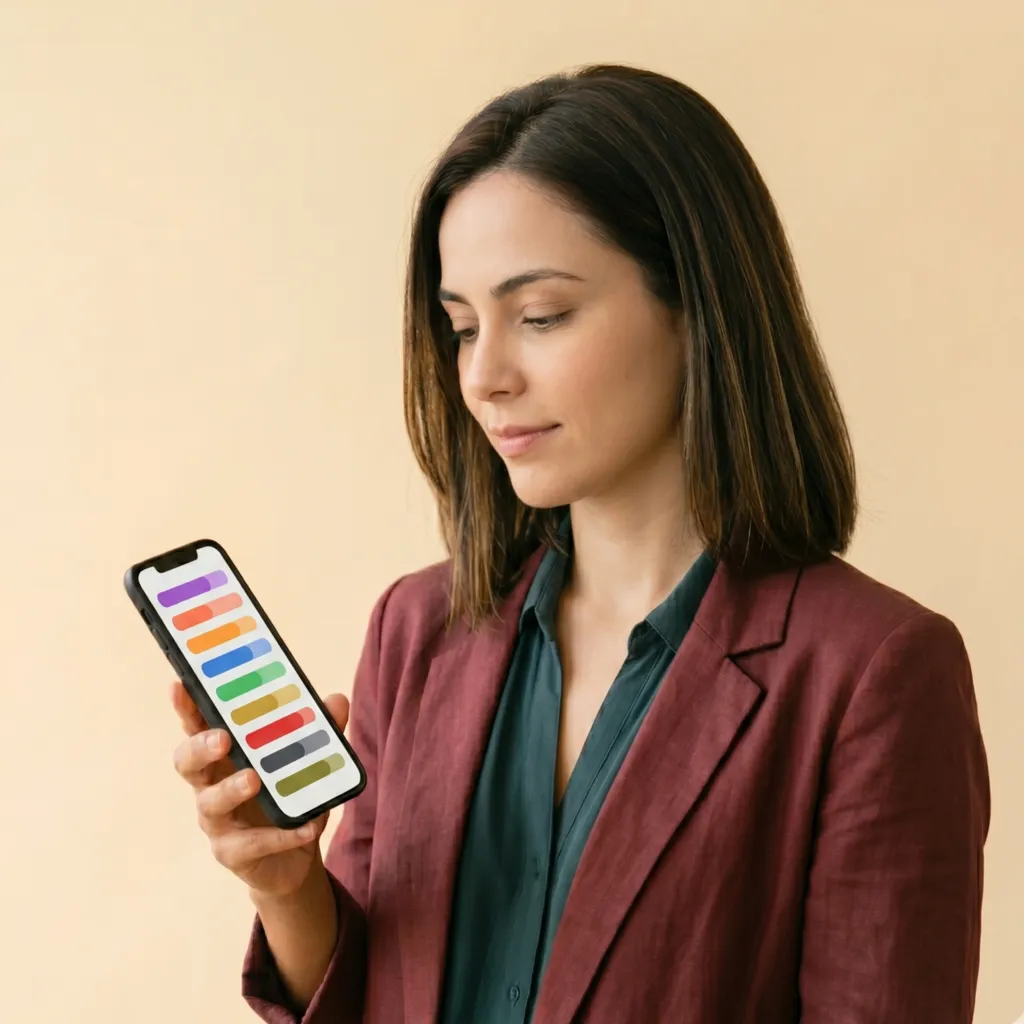 Mulher olhando resultado do teste de Eneagrama no celular com 9 barras coloridas de scores
